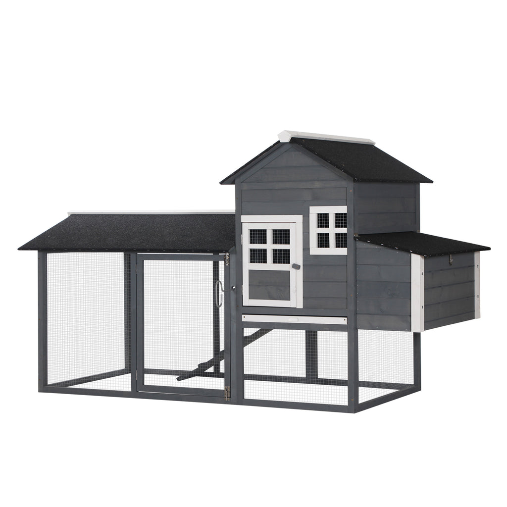 84" Wooden Chicken Coop, Hen House Outdoor with Run Nesting Box, Asphalt Roof, Removable Tray, Ramp, Poultry Cage for 2-3 Chickens, Gray