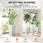 22.8 Inch Set of 3 Outdoor Planters with Stone Finish and Wheels, Stackable Tapered Planters with Drainage Hole, White
