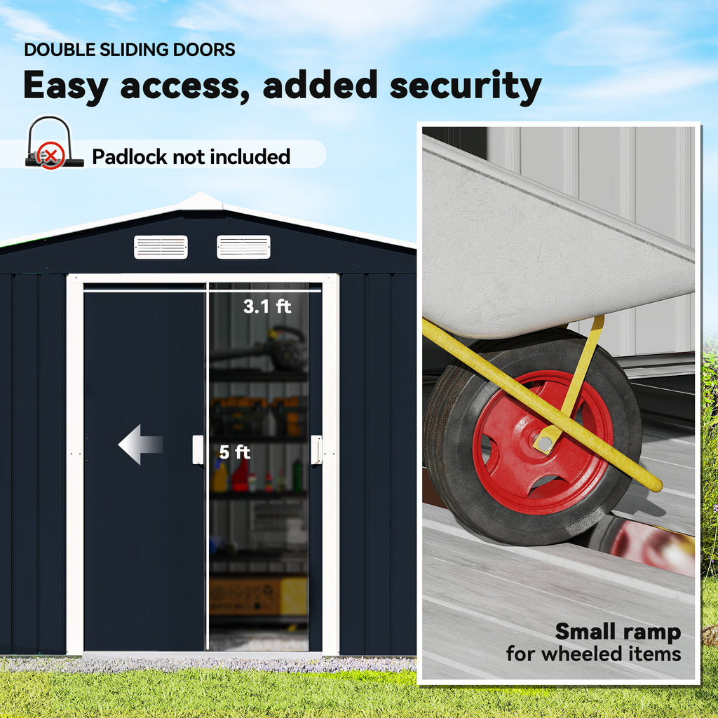 9' x 6' Outdoor Storage Shed, Garden Tool Metal Shed with Foundation Kit, Dark Gray