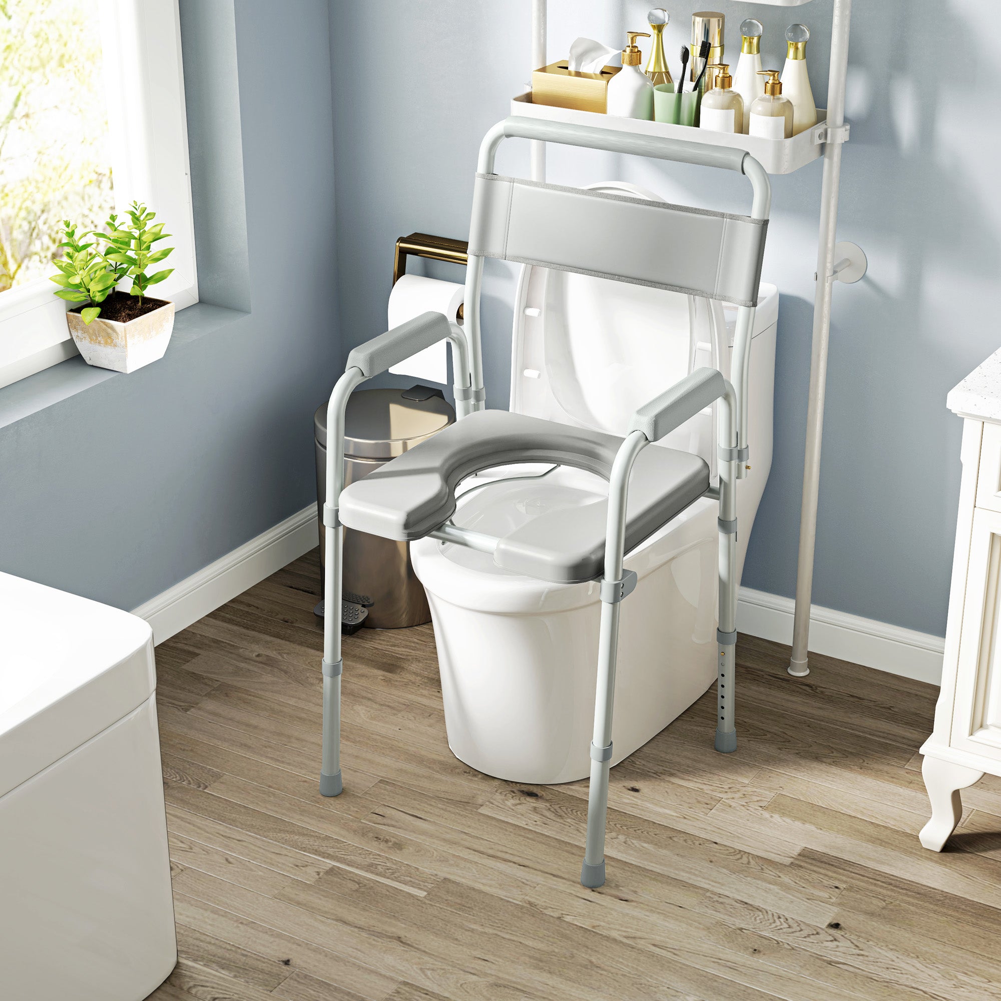 Bedside Commode Chair for Seniors, Adults, Handicap, Raised Toilet Seat with Arm, Adjustable Height, 331 lbs, Gray