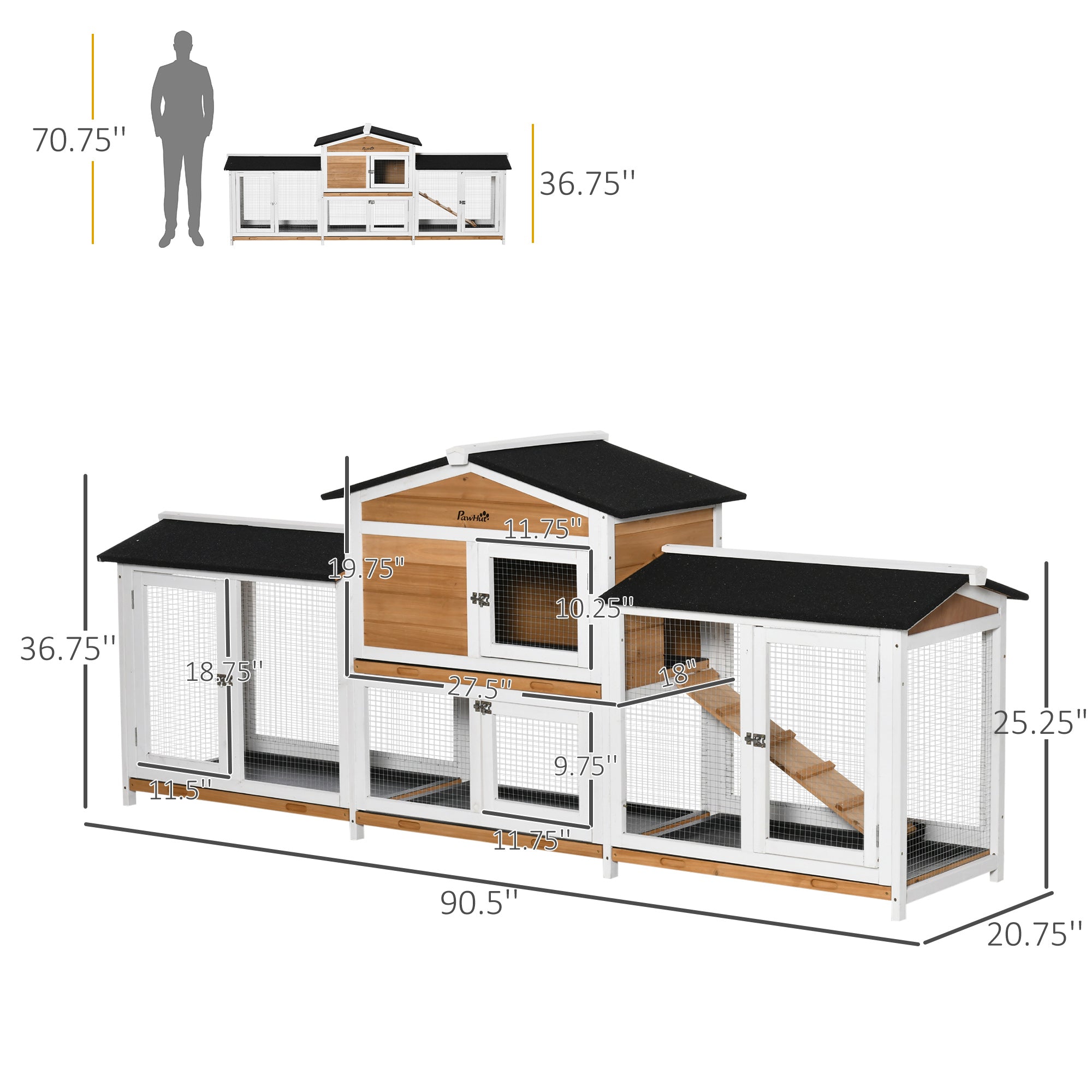 90.5" Wooden Rabbit Hutch Bunny Cage Pet Playpen House Enclosure with Double Side Run Boxes, No Leak Tray, Ramp, for Rabbits, Chickens, Ducks, Guinea Pig and Small Animals, White