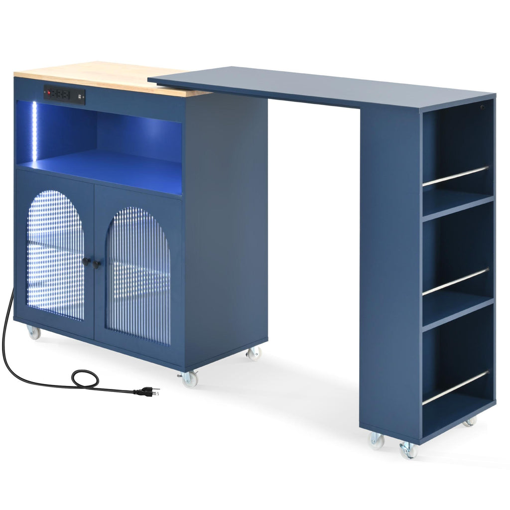 LED Kitchen Island with Extended Table, Power Outlets, Storage Shelves, Utility Cart with Fluted Glass Doors, 56.5" L x 33" W x 38" H, Navy Blue