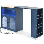 LED Kitchen Island with Extended Table, Power Outlets, Storage Shelves, Utility Cart with Fluted Glass Doors, 56.5" L x 33" W x 38" H, Navy Blue