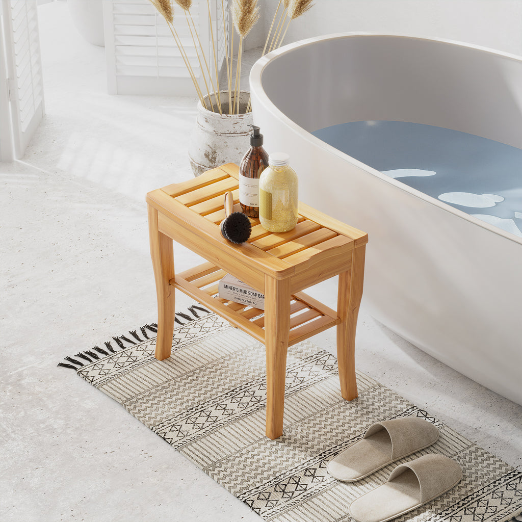 Long Bamboo Shower Bench Seat, 20" Wooden Spa Shower Stool with Underneath Storage Shelf Shoe Organizer