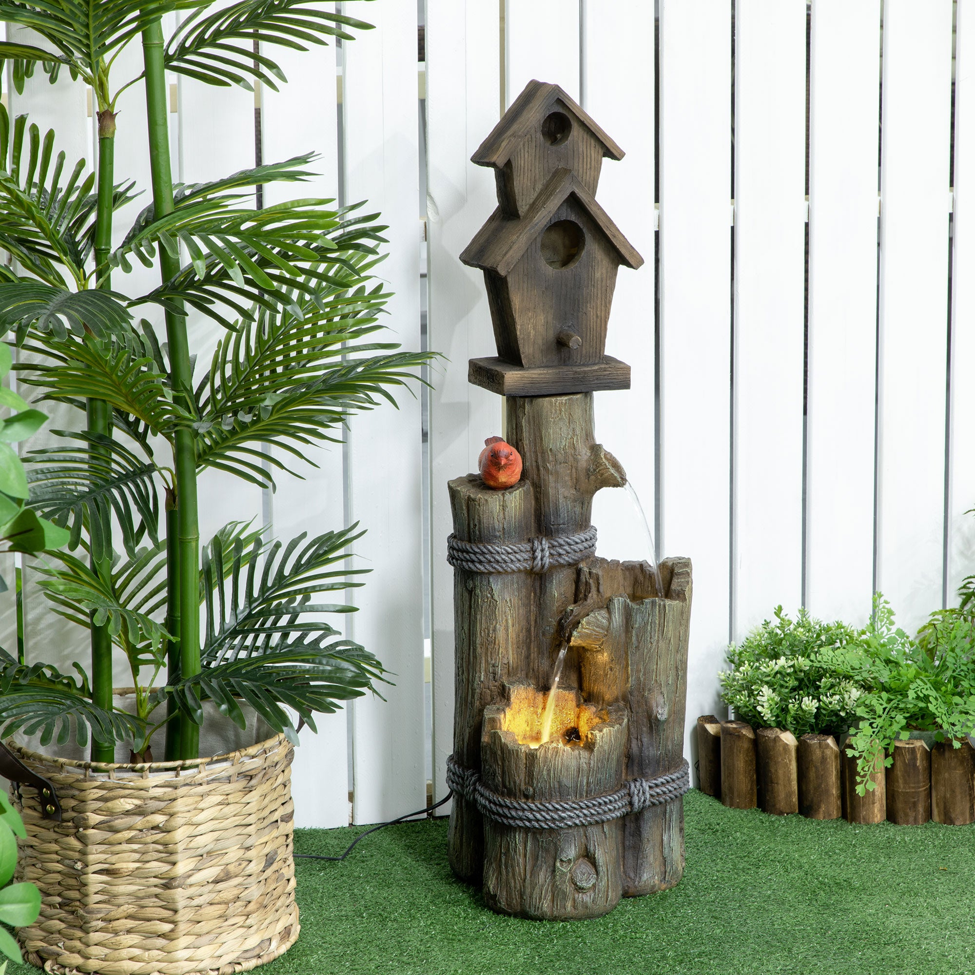 Outdoor Fountain with Birdhouse, Cascading Garden Waterfall Bird Bath with 3-Tier Rustic Tree Trunk / Log Design, LED Lights for Porch, Deck, Yard Decor, Brown