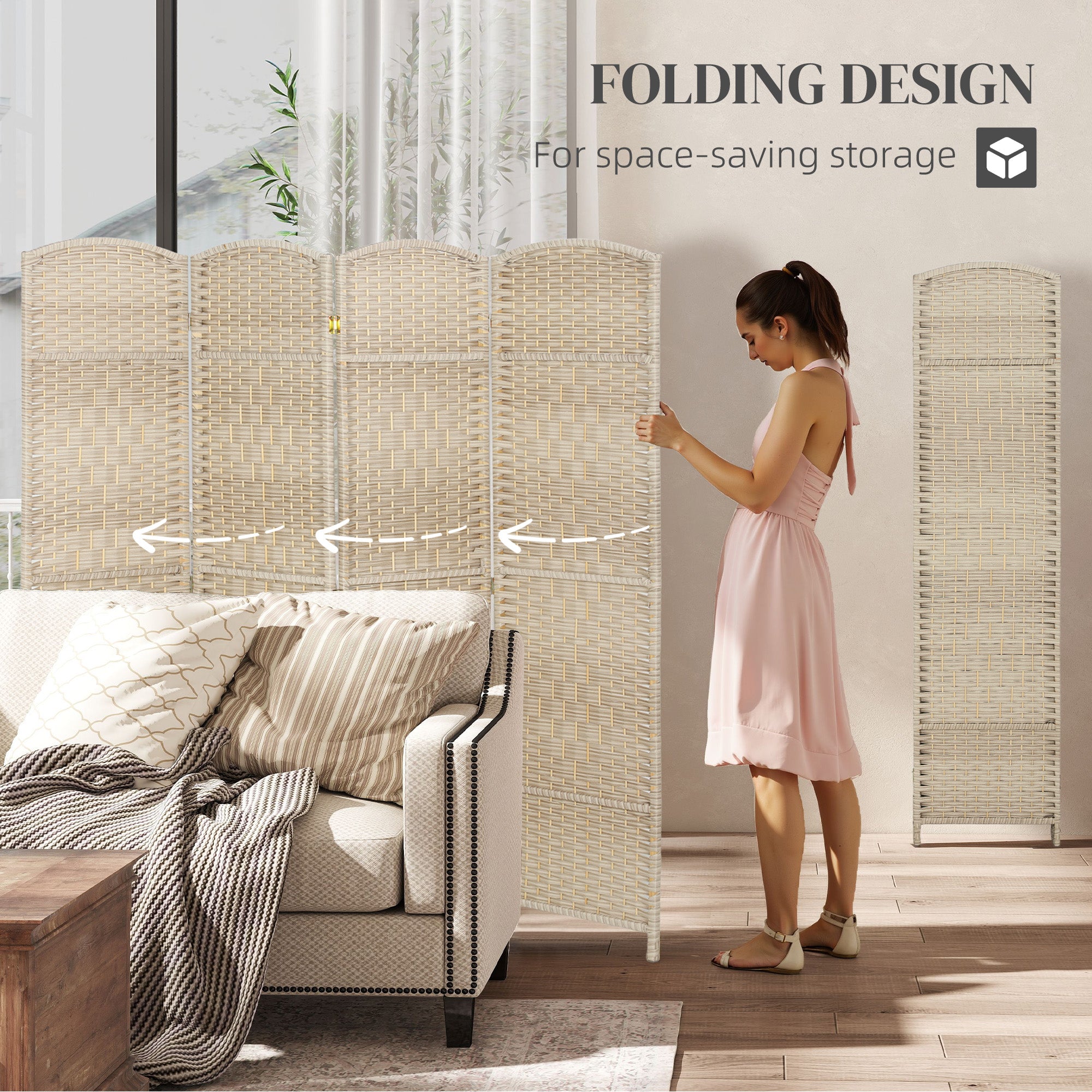 Folding Room Divider Screen 4 Panel 6' Tall Privacy Screen Freestanding Wood Partition for Home Office, Washed Oak