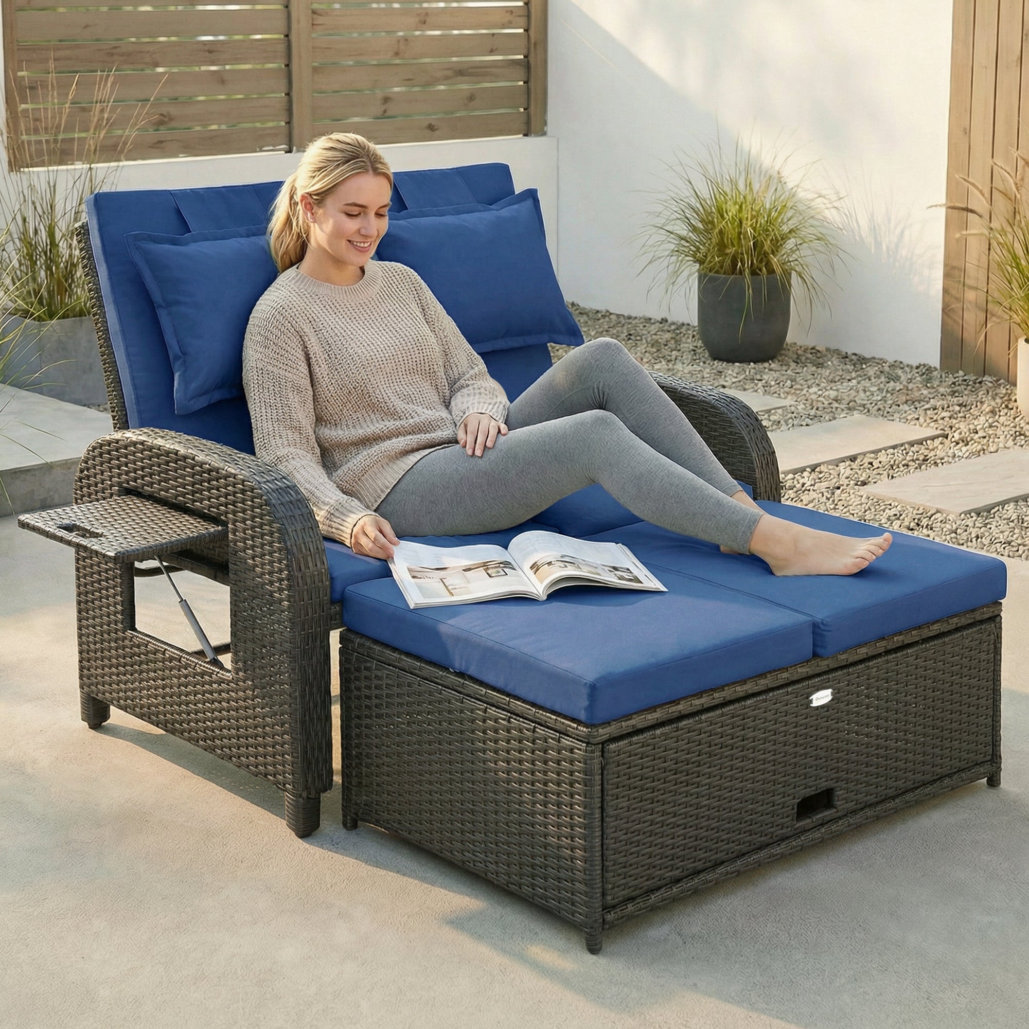 Patio Rattan Daybed, Wicker Outdoor Daybed with Storage Ottoman, Loveseat w/ Adjustable Backrest, Navy Blue