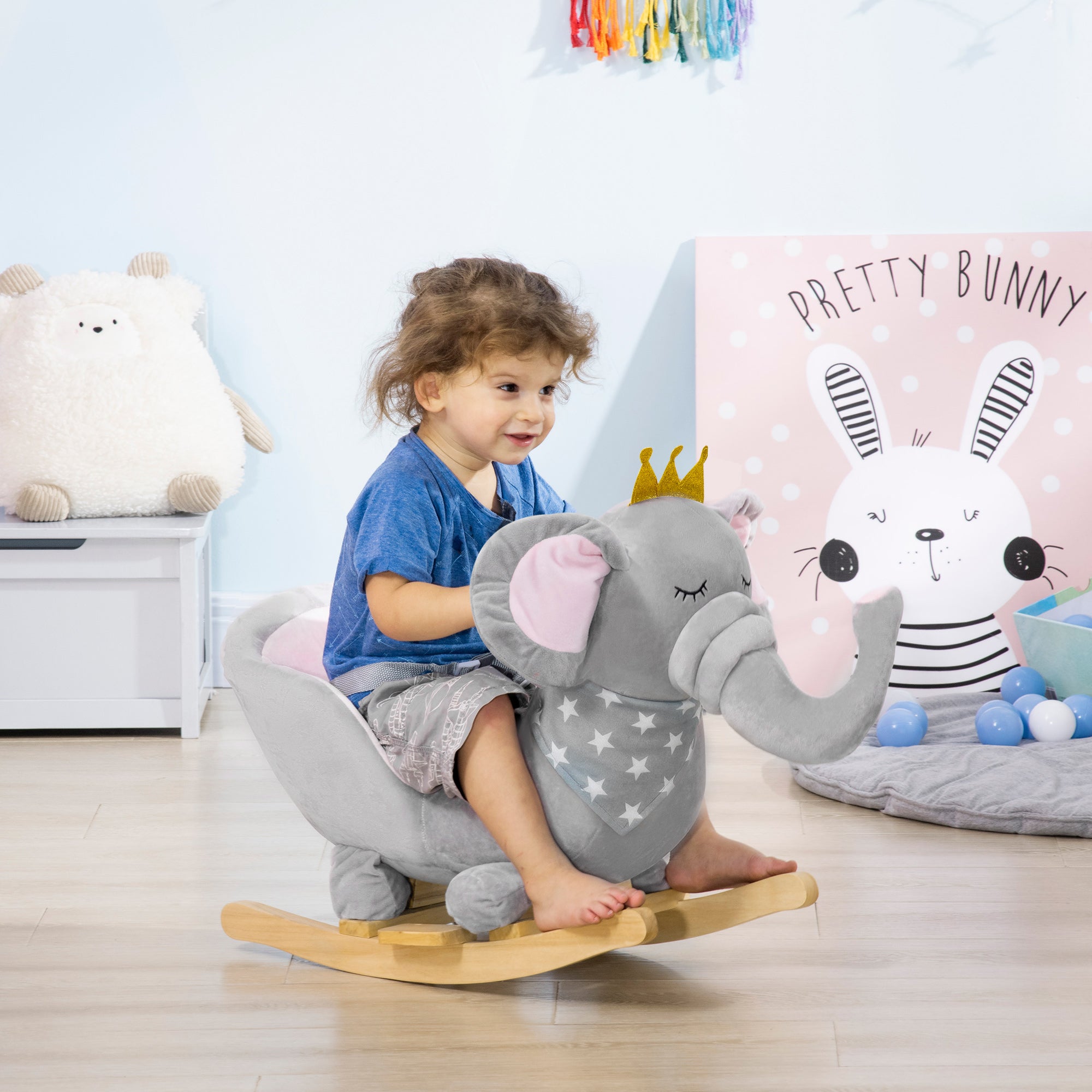 Baby Rocking Horse Elephant Rocking Chair Toddler Rocker Toy with Sound Wooden Base Seat for 1.5-3 Year Old, Gray