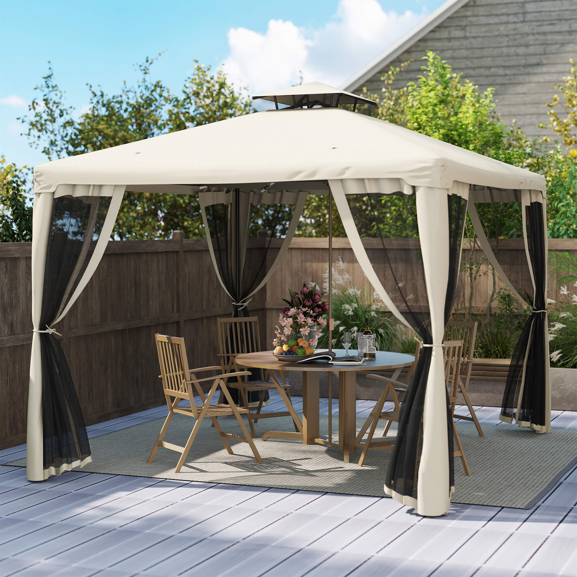 10' x 10' Gazebo Tent, Double Roof Outdoor Canopy Shelter, with Netting Fabric and Vented Roof, Steel Corner Frame for Garden, Lawn, Backyard, Taupe