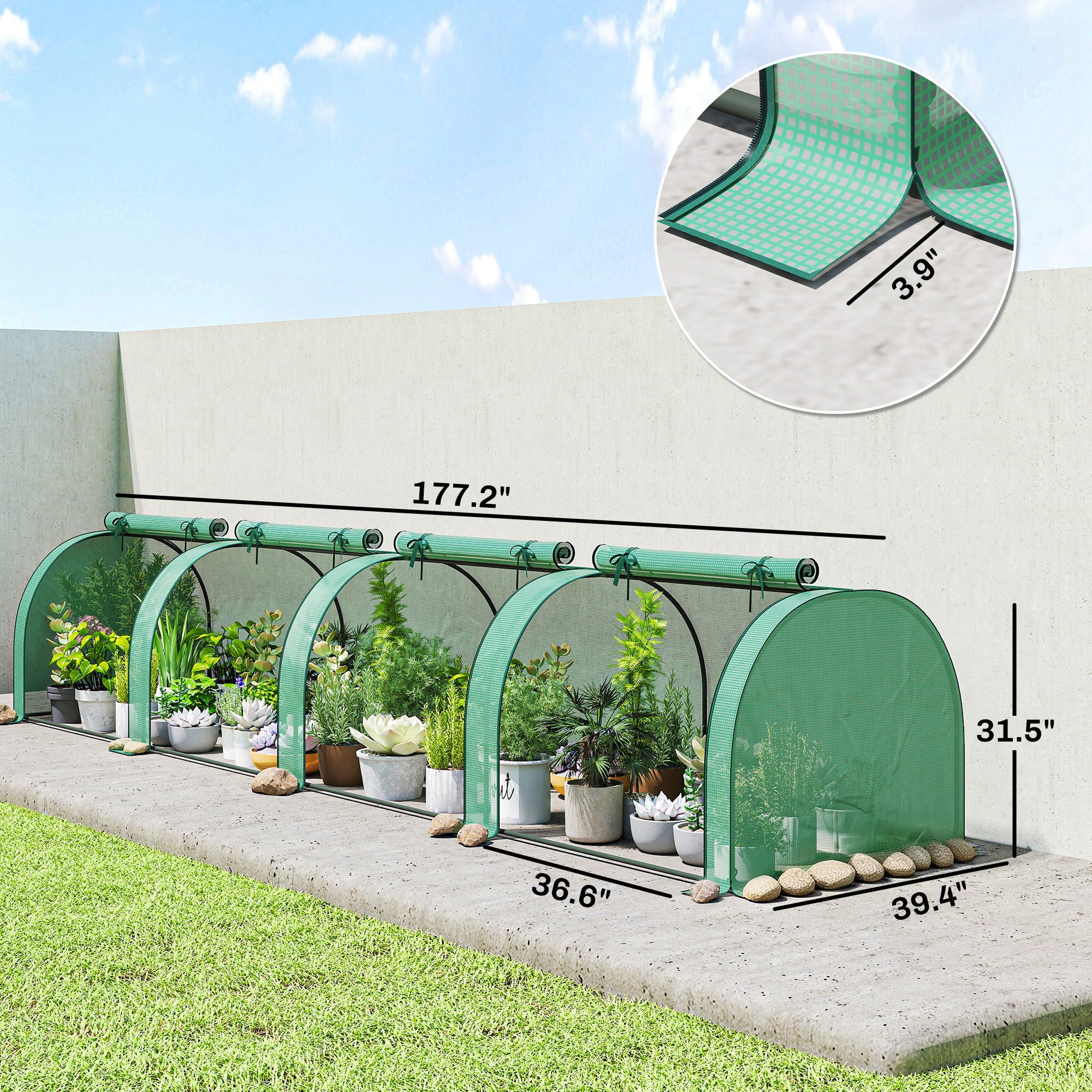 Mini Greenhouse, Portable Greenhouse with 4 Roll-Up Doors, PE Cover, 177.2" x 39.4" x 31.5", Green