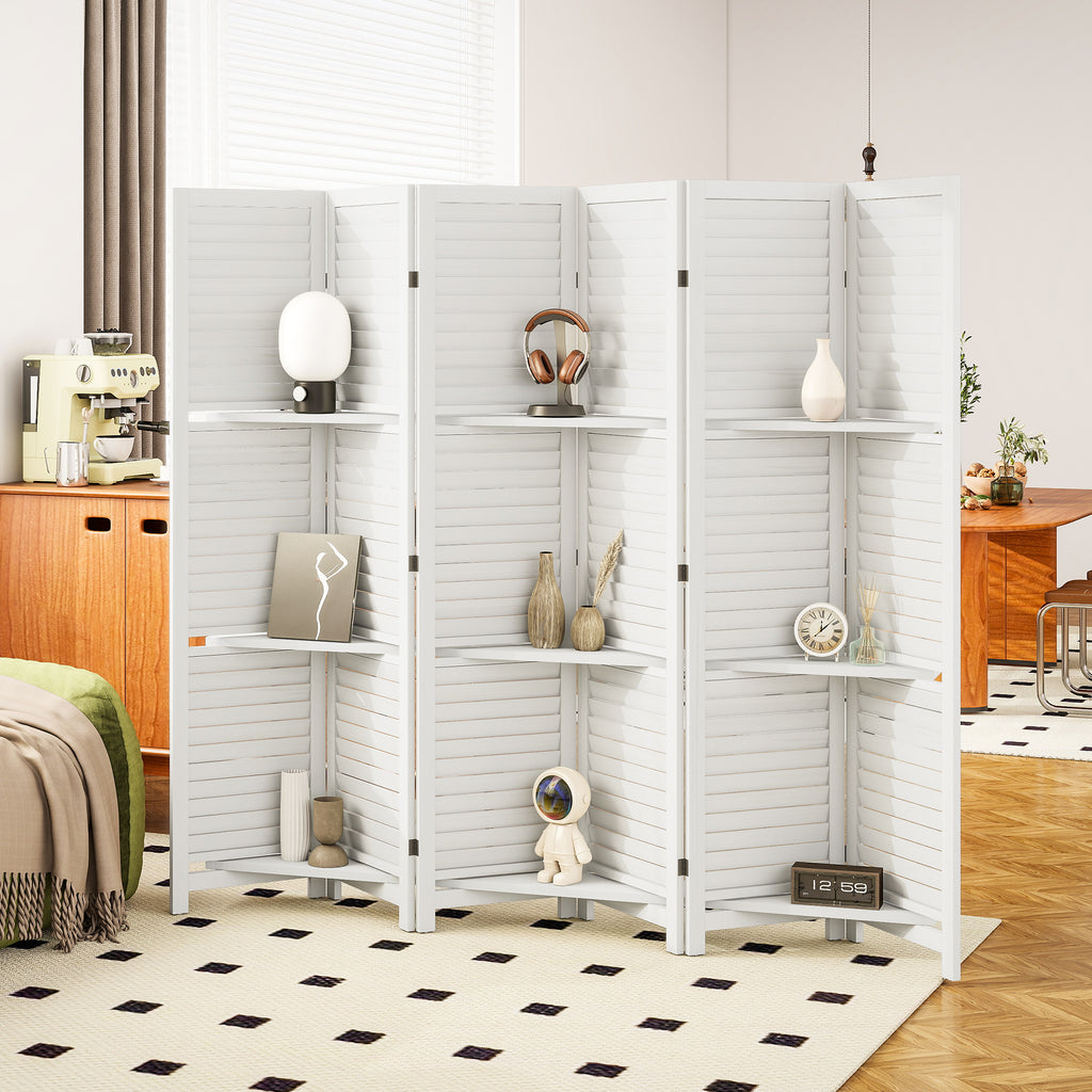 6 Panel 67" Tall Wood Privacy Screen Room Divider with 3 Shelves and Folding Storage for Bedroom, White