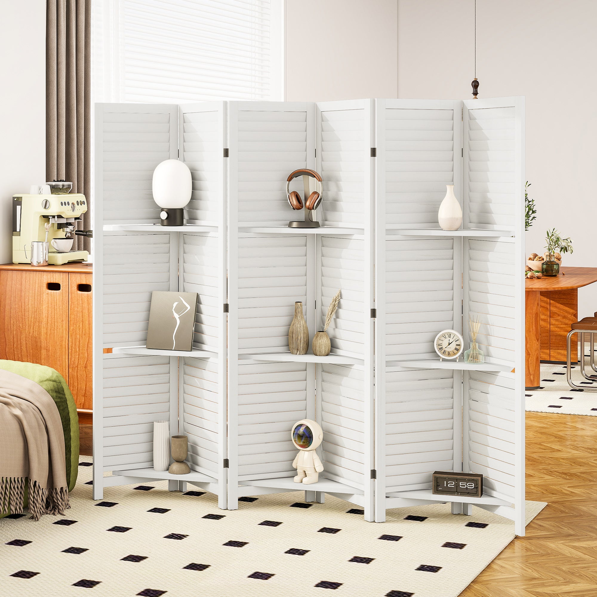 6 Panel 67" Tall Wood Privacy Screen Room Divider with 3 Shelves and Folding Storage for Bedroom, White