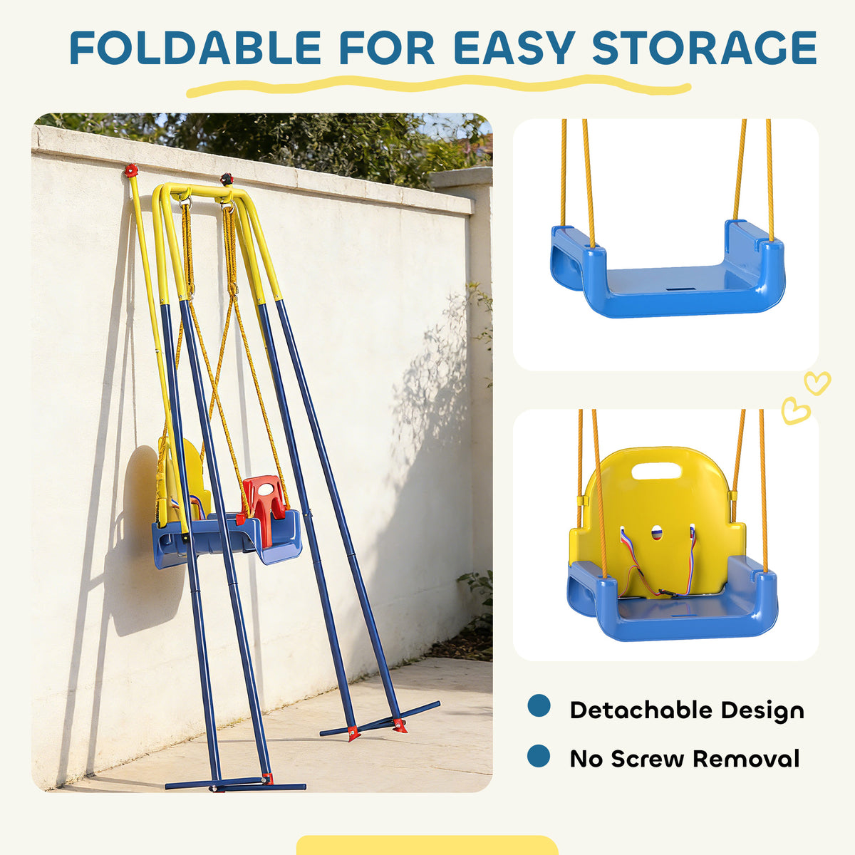 3 in 1 Toddler Swing Set, Folding Child Swing Set with Seat Belt, Adjustable Seat for Outdoor Indoor, Blue