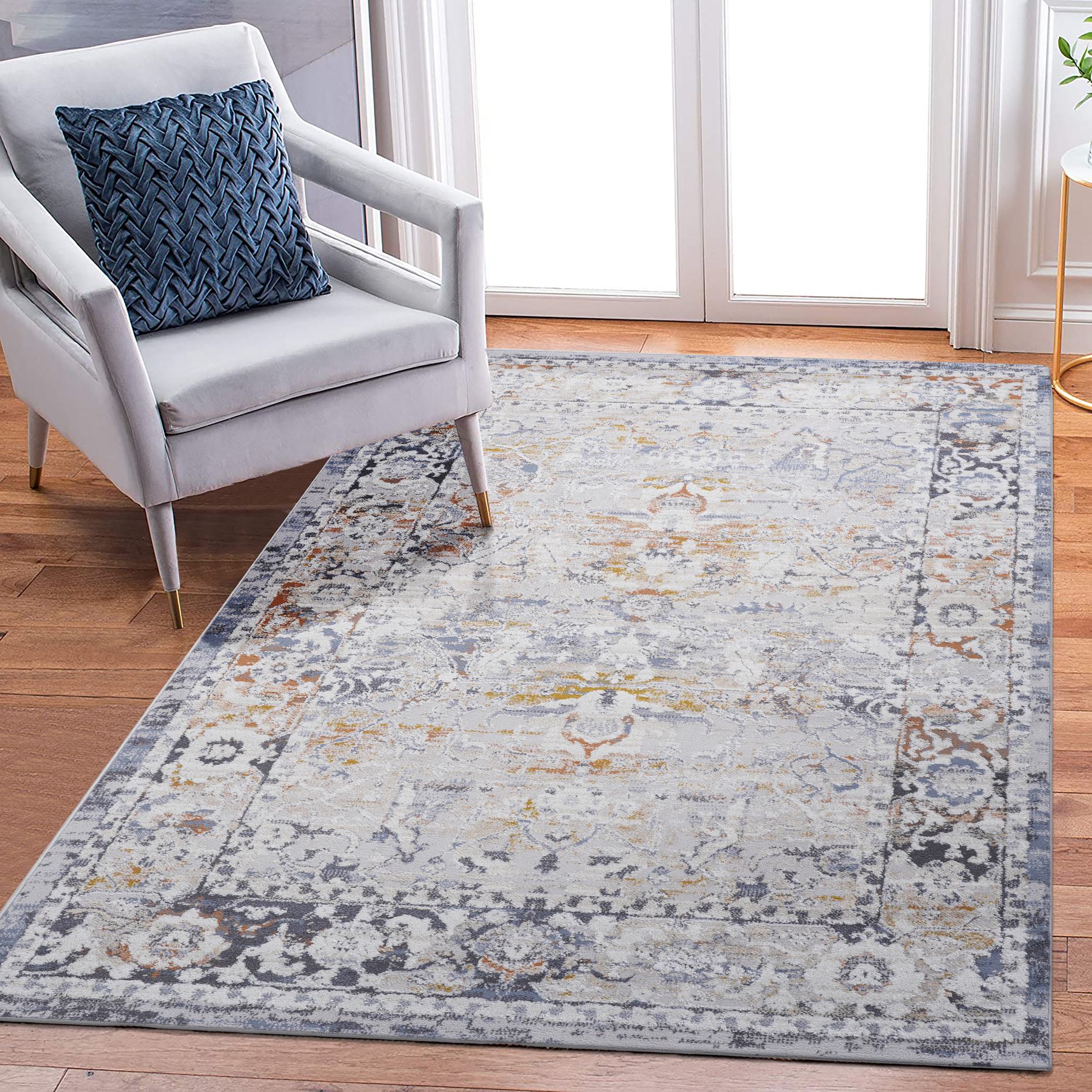 Naar 5x7 Stain-Resistant Area Rug with Cotton Backing, Medium Pile Height, Kid and Pet-Friendly Carpet, 90" L x 63" W x 0.3" H, Ivory+Gray