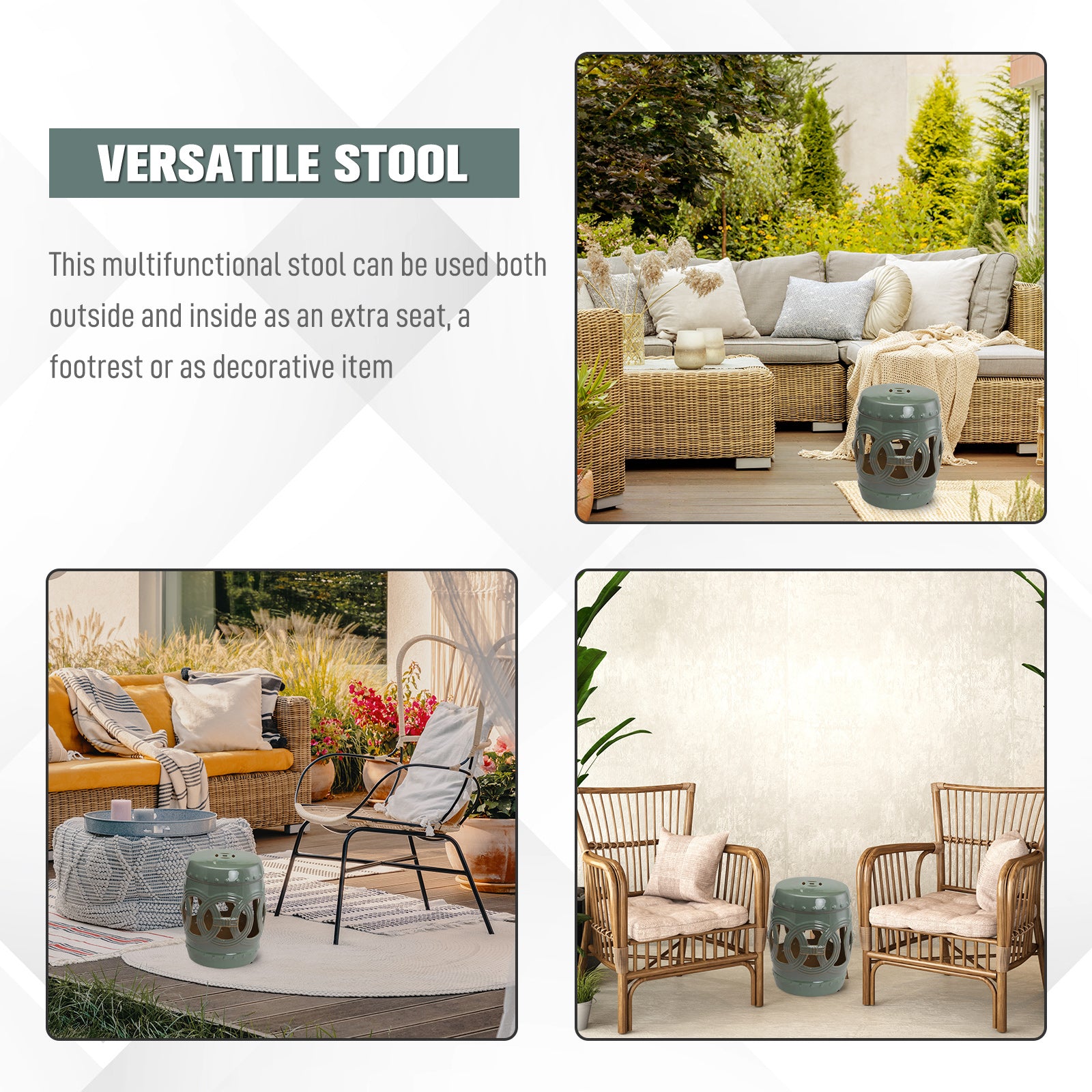 14" x 17" Ceramic Garden Stool with Double-Coin Knotted Ring Design, Glazed Decorative Outdoor Stool, Green
