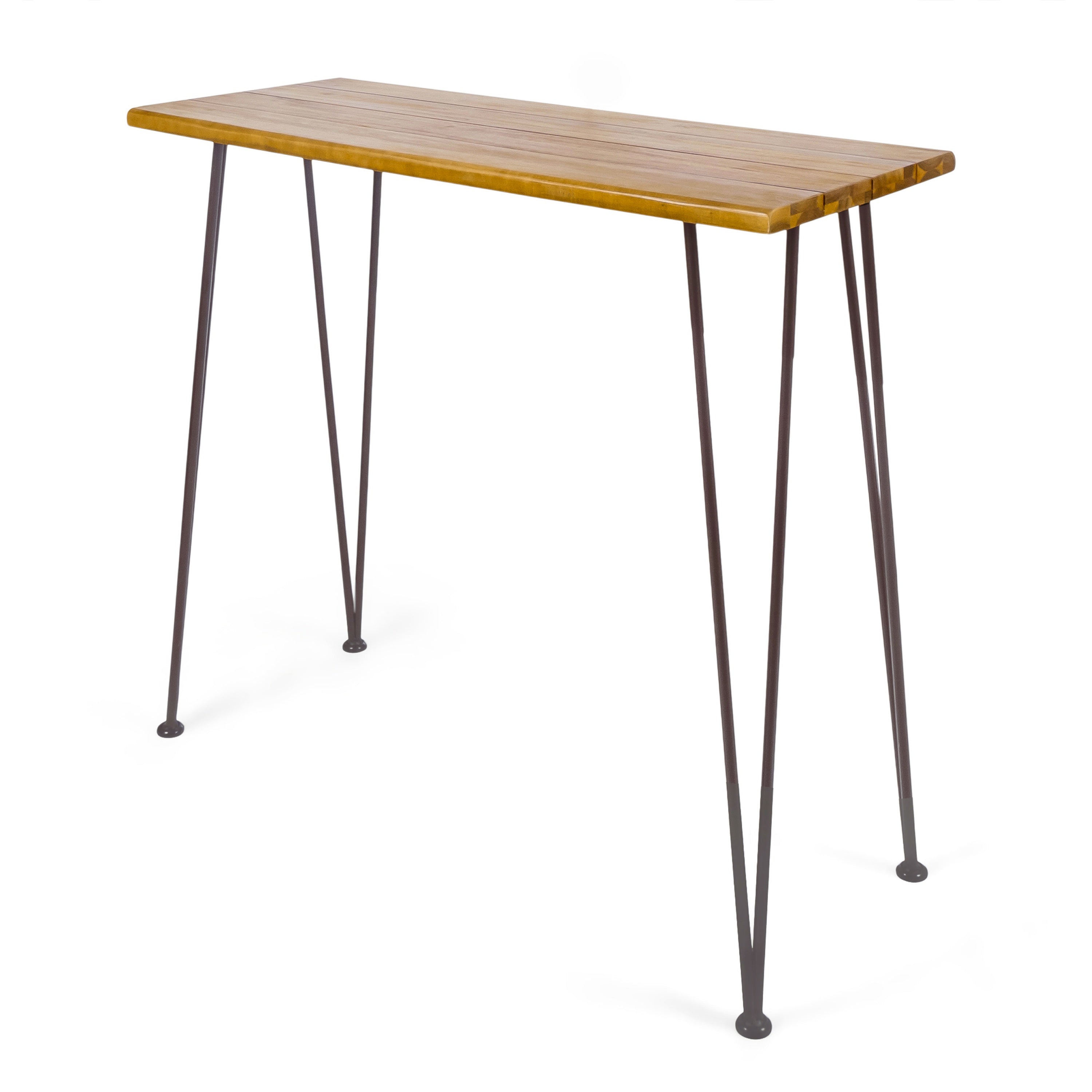 Modern Outdoor Industrial Teak Finished Acacia Wood Bar Table with Iron Hairpin Legs, Outdoor Acacia Wood with Teak Finish, 47.25" L x 18.25" W x 40" H, Brown
