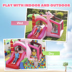 Inflatable Bounce House with Ball Pool, Basketball Hoop, Jumping Bouncy Castle with Blower for Indoor Outdoor, Pink