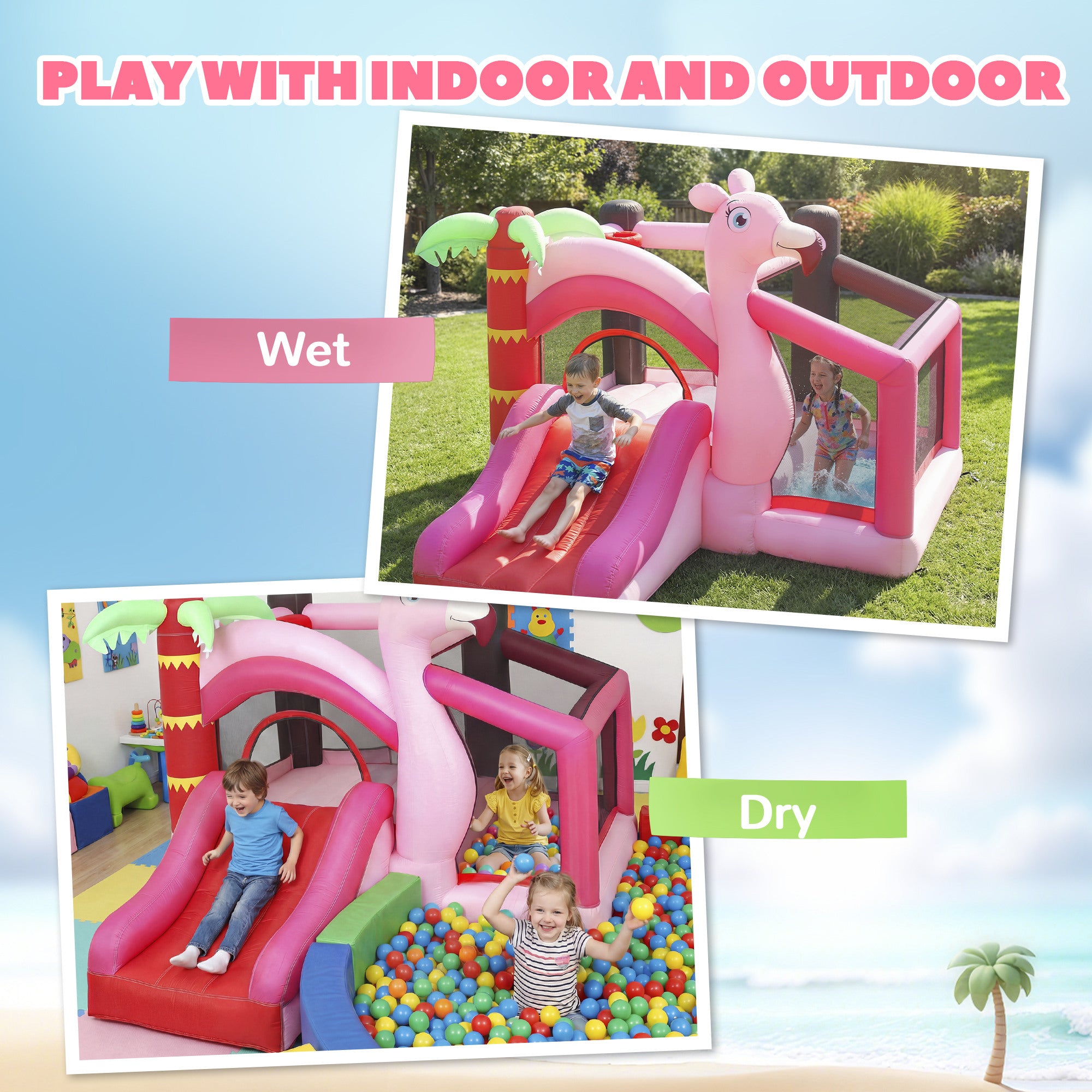 Inflatable Bounce House with Ball Pool, Basketball Hoop, Jumping Bouncy Castle with Blower for Indoor Outdoor, Pink