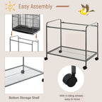 30" Rolling Metal Bird Cage Feeder with Detachable Rolling Stand, Storage Shelf, Wood Perch & Food Container