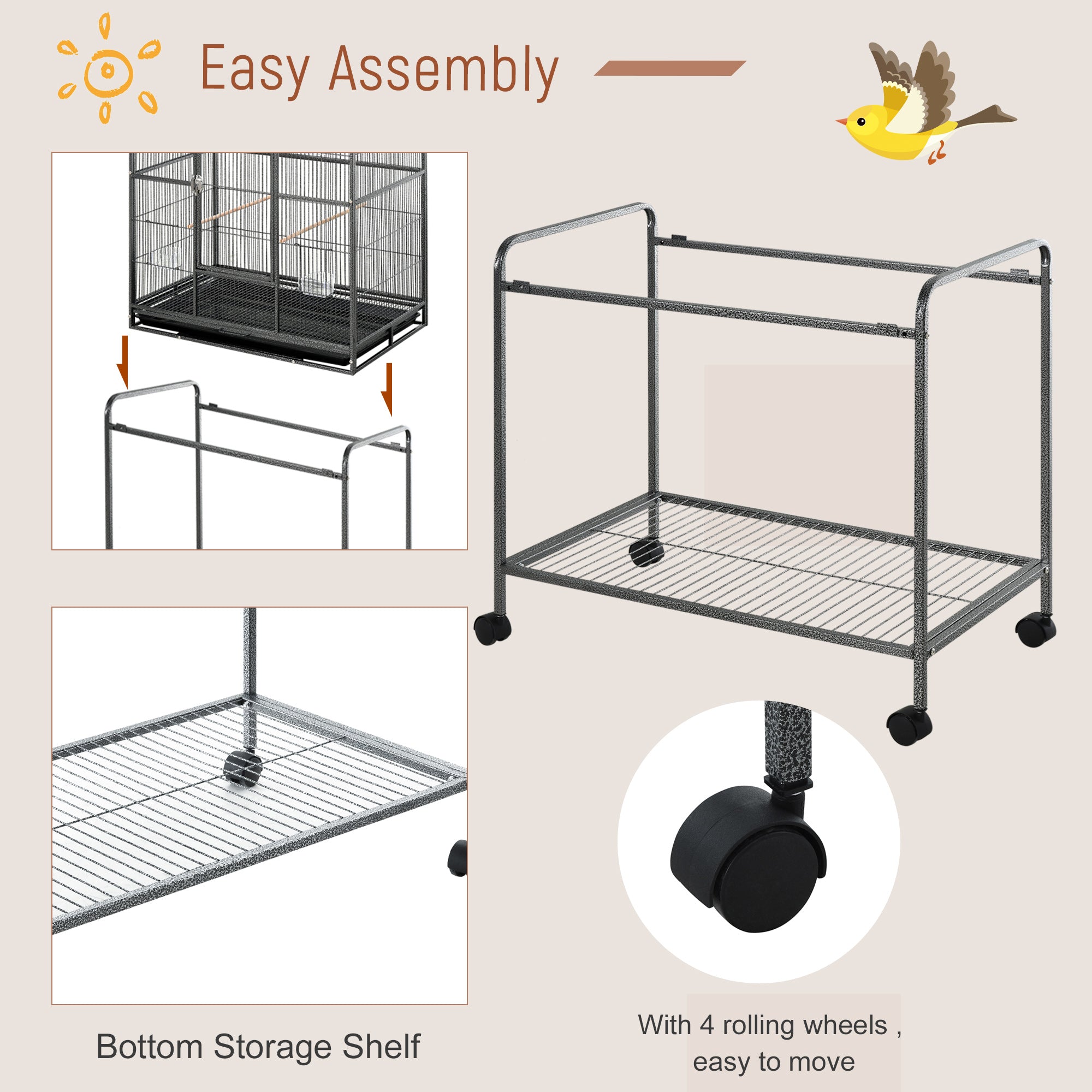 30" Rolling Metal Bird Cage Feeder with Detachable Rolling Stand, Storage Shelf, Wood Perch & Food Container