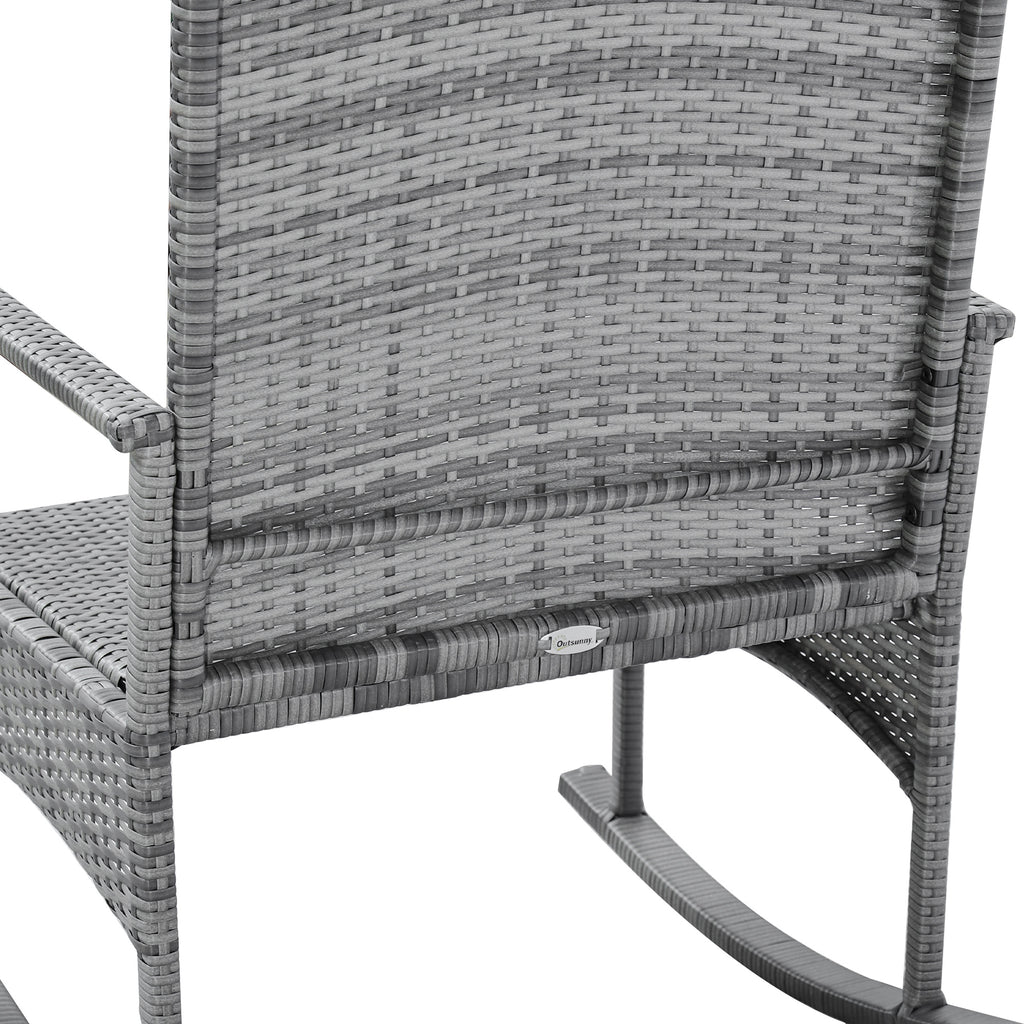 3 Piece Outdoor PE Rattan Rocking Chair Set, Patio Wicker Recliner Rocker Chair with Soft Cushion & Nature Wood Top Coffee Table, Gray