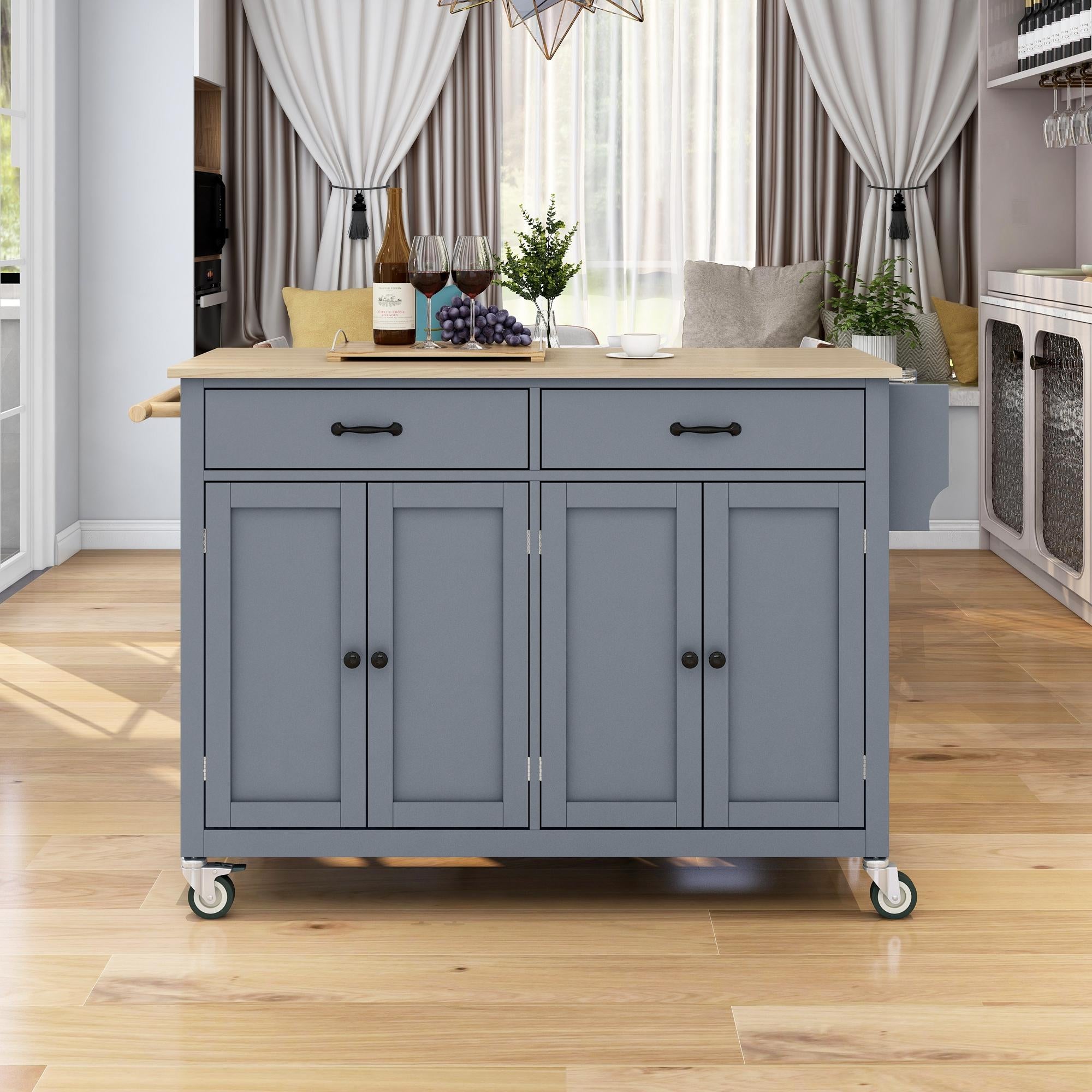 Kitchen Island Cart with 4-Door Cabinet, 2 Drawers, Solid Wood Top, Locking Wheels, Spice and Towel Racks, 54.5" L x 18.5" W x 36" H, Blue