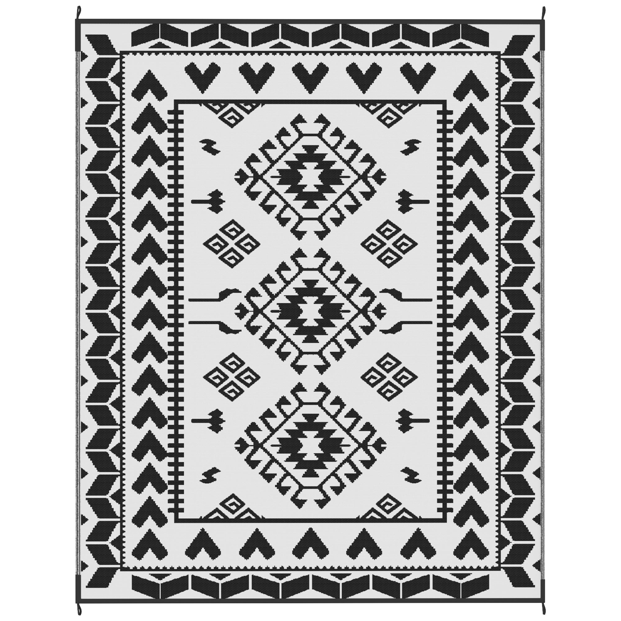 Reversible Outdoor Rug, Waterproof Plastic Straw with Carry Bag, 8' x 10', Black & White Rhombus Patchwork