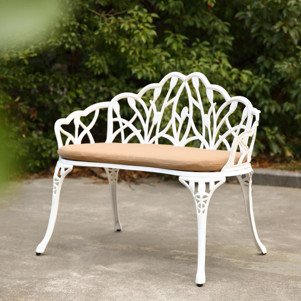 Patio Garden Bench with Floral Tulip Design, Cushion, Ergonomic Outdoor Park Bench with Cast Aluminum Frame, 39" L x 21.5" W x 31" H, White