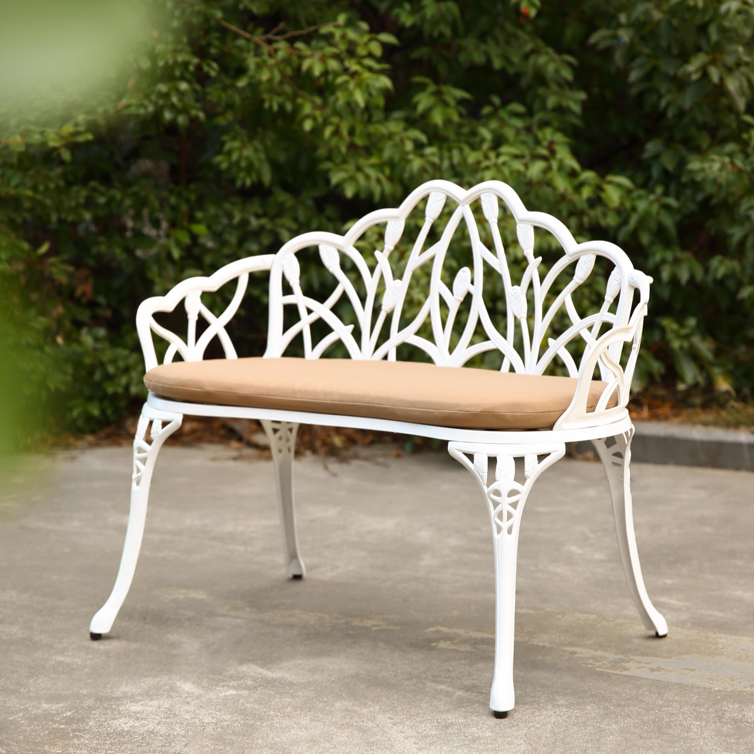 Patio Garden Bench with Floral Tulip Design, Cushion, Ergonomic Outdoor Park Bench with Cast Aluminum Frame, 39" L x 21.5" W x 31" H, White