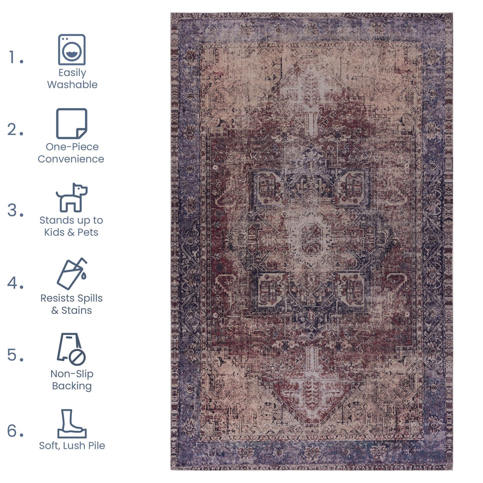 2x10 Low-Pile Non-Slip Non-Shedding Washable Area Rug, Kid and Pet Friendly, Foldable for Living Room, Bedroom, Kitchen, Burgundy