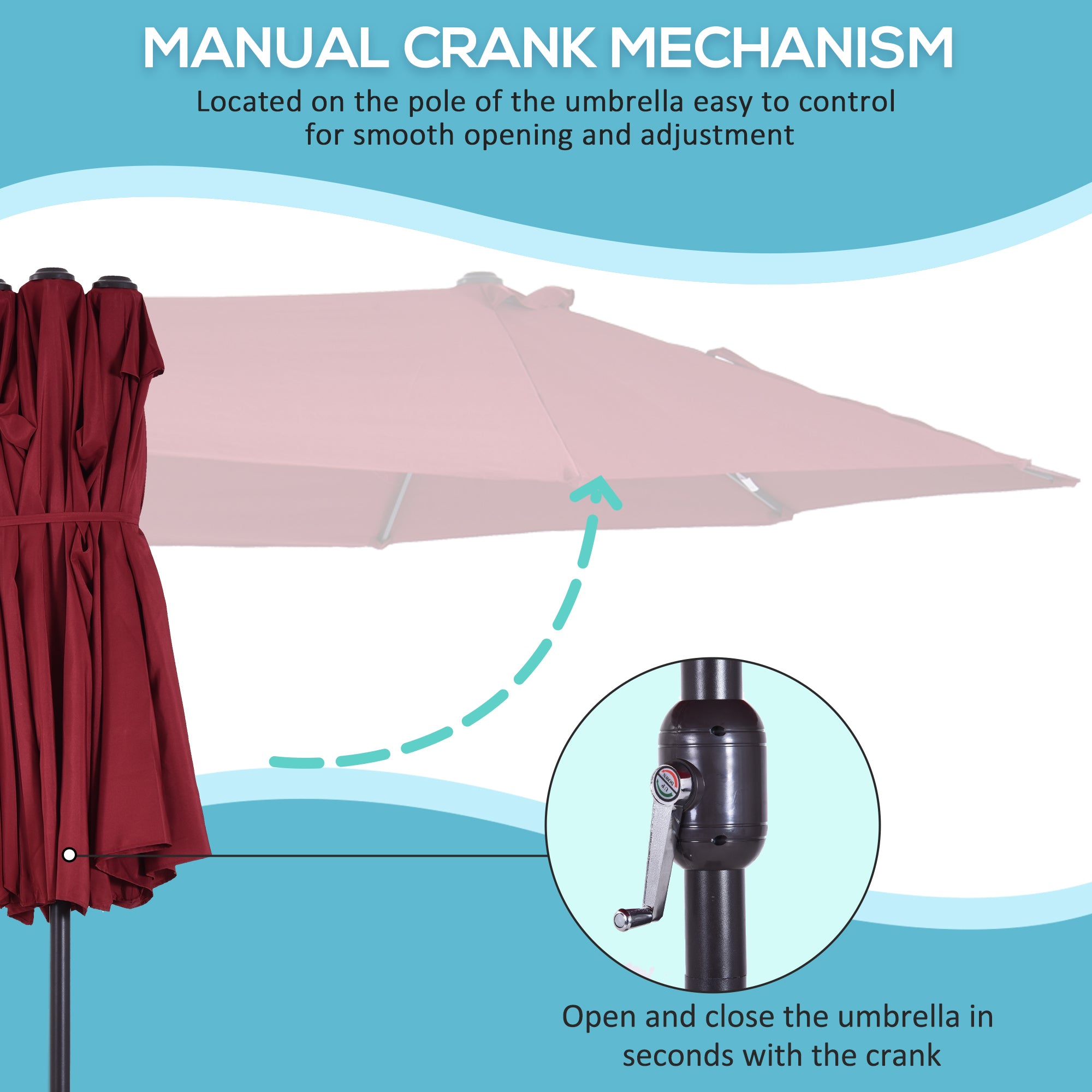 Extra Large 15 ft Patio Umbrella, Double-Sided Wide Outdoor Umbrella with Crank Handle and Air Vents for Backyard, Deck, Pool, Market, Wine Red