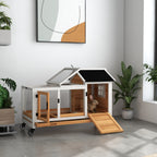 Wooden Rabbit Hutch with Wheels, Run, Slide-out Tray for Small Animals, Guinea Pig, Yellow