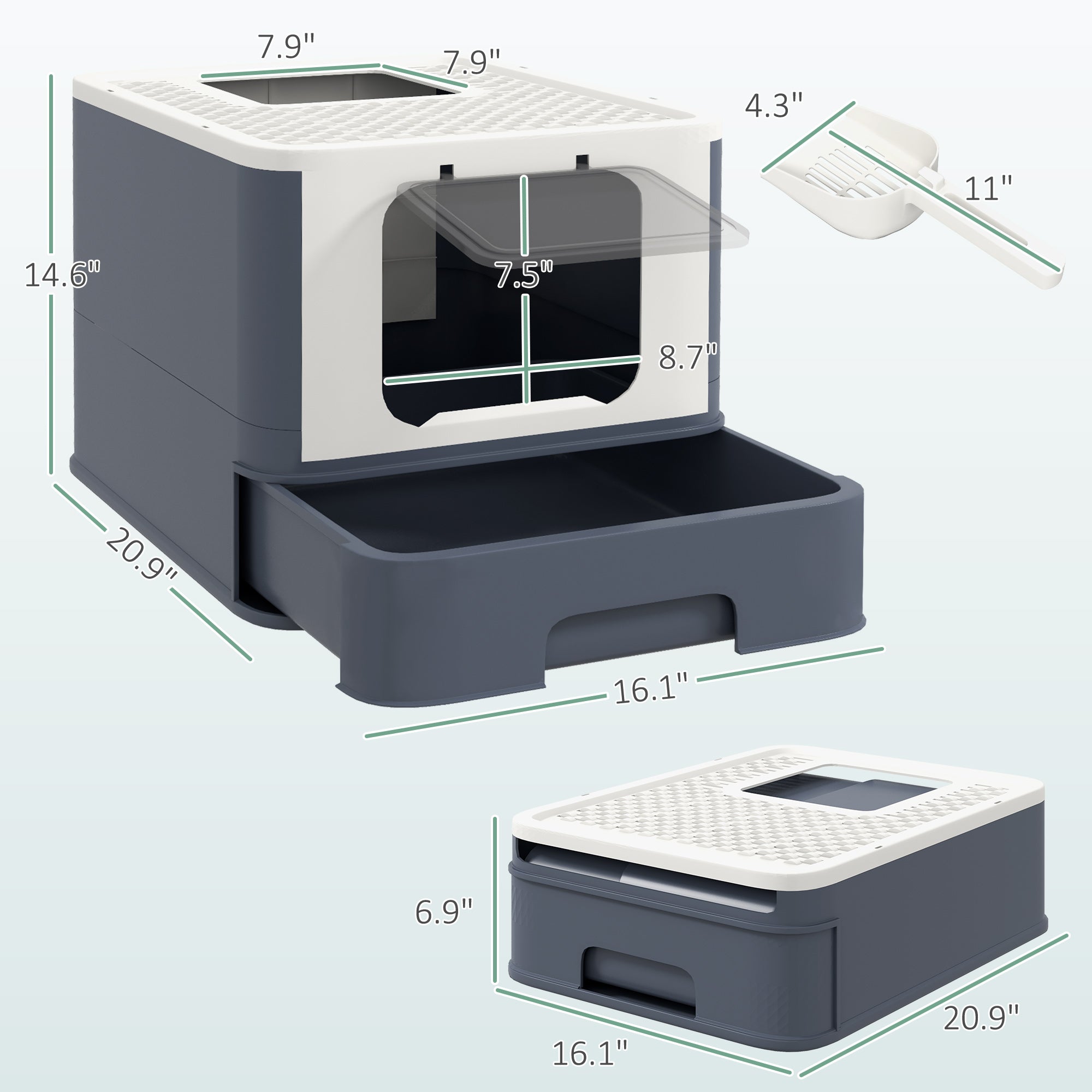 Cat Litter Box with Lid, Scoop, Front Entry, and Top Exit for Large Cats, White