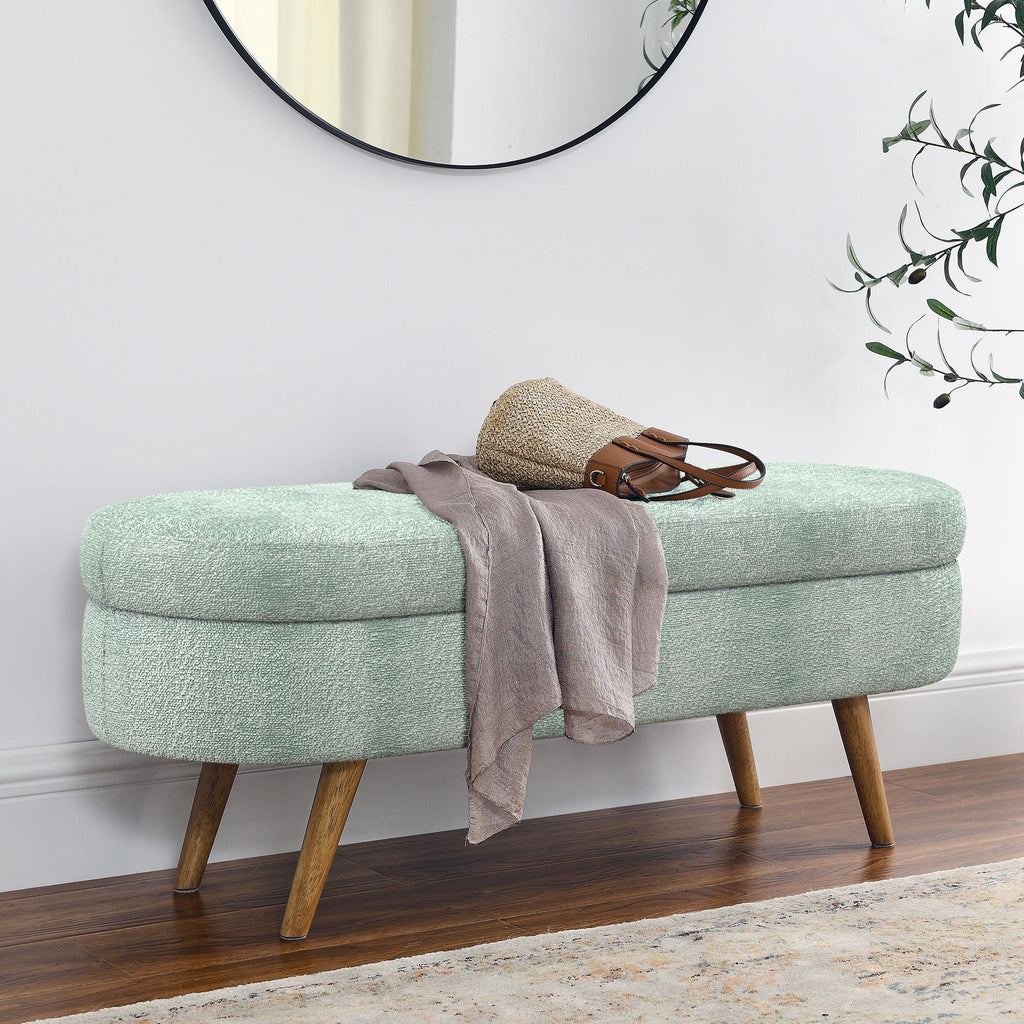 Oval Storage Ottoman Bench with Foam Cushion and Sturdy Rubberwood Legs, Multi-Use Footstool for Bedroom, 43.5" L x 16" W x 16" H, Cyan