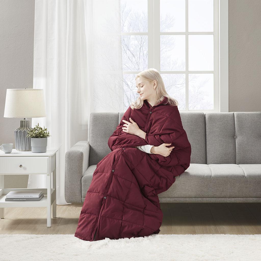 Wearable Multipurpose Throw with Goose Feather, Down Filling, Water-Repellent Microfiber, Machine Washable, 68" L x 62" W x 0.25" H, Red