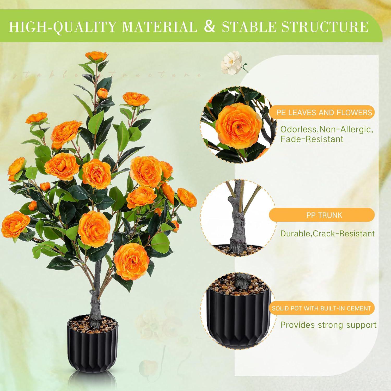 36" Faux Camellia Plant in Pot with Orange Flowers, Artificial Camellia Tree 2-Pack for home or office decor, 26.5" L x 6" W x 36" H, Black+Orange