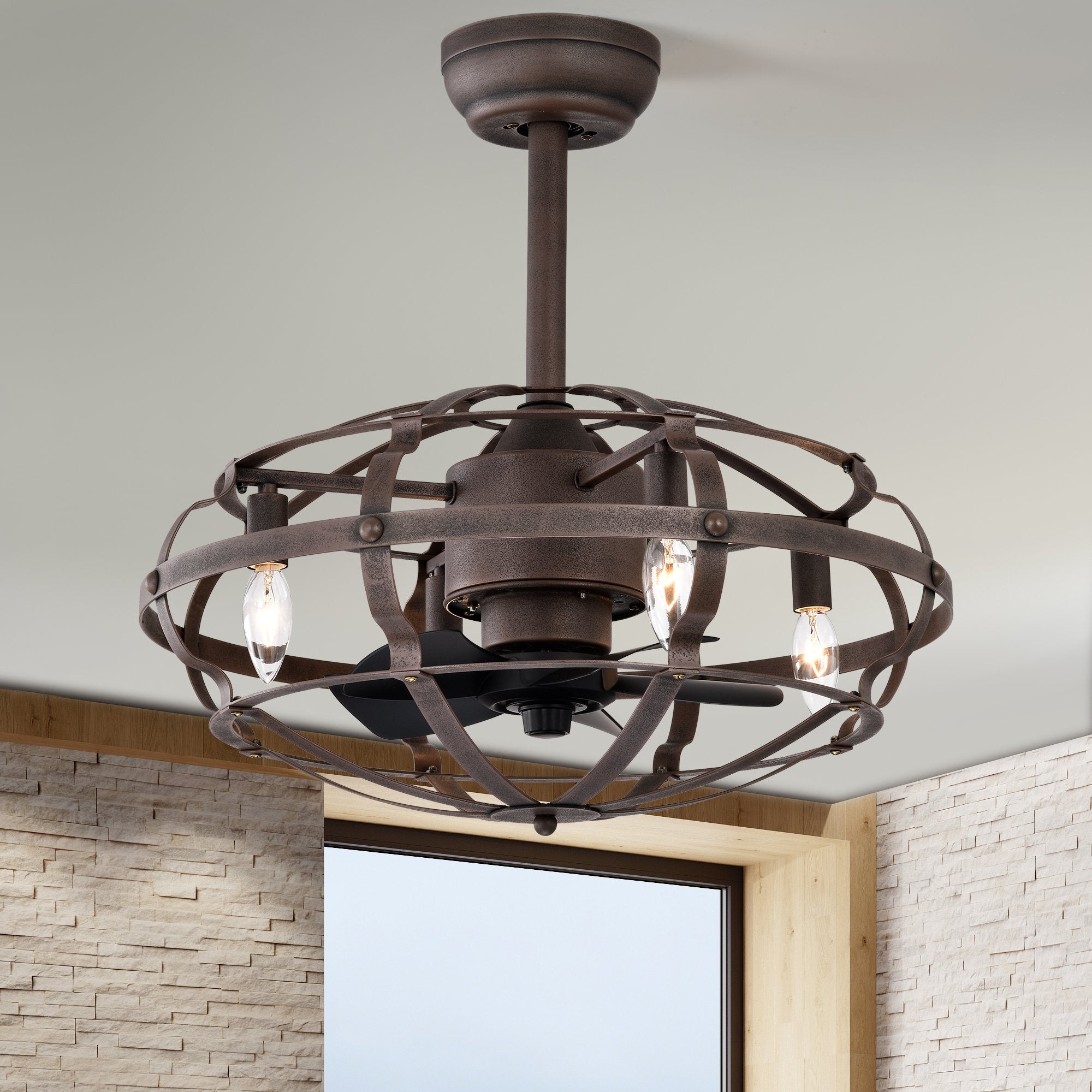 Modern Enclosed Ceiling Fan with Remote Control, Bladeless Design, 3 Speeds, Reversible Direction, and Timer, Includes 2 Down Rods and Lamp Shade, Matte Black