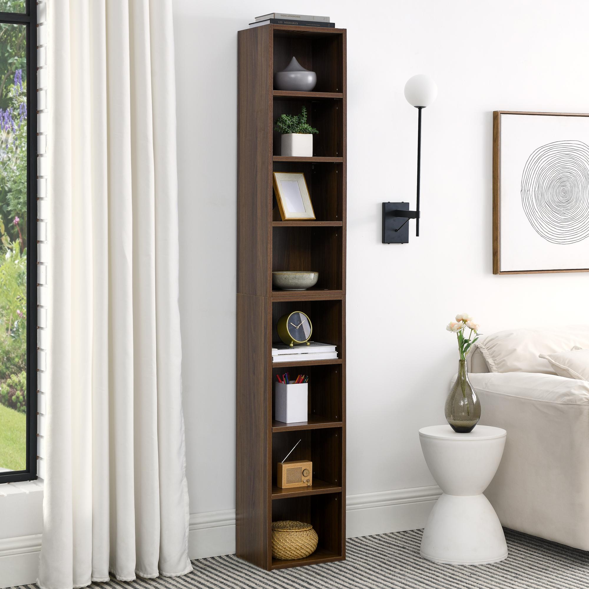 8-Tier Slim Media Tower Rack with Adjustable Shelves, Anti-Tip Hardware, Tall Narrow Bookcase for Compact Room, 11.5" L x 9.5" W x 71" H, Walnut