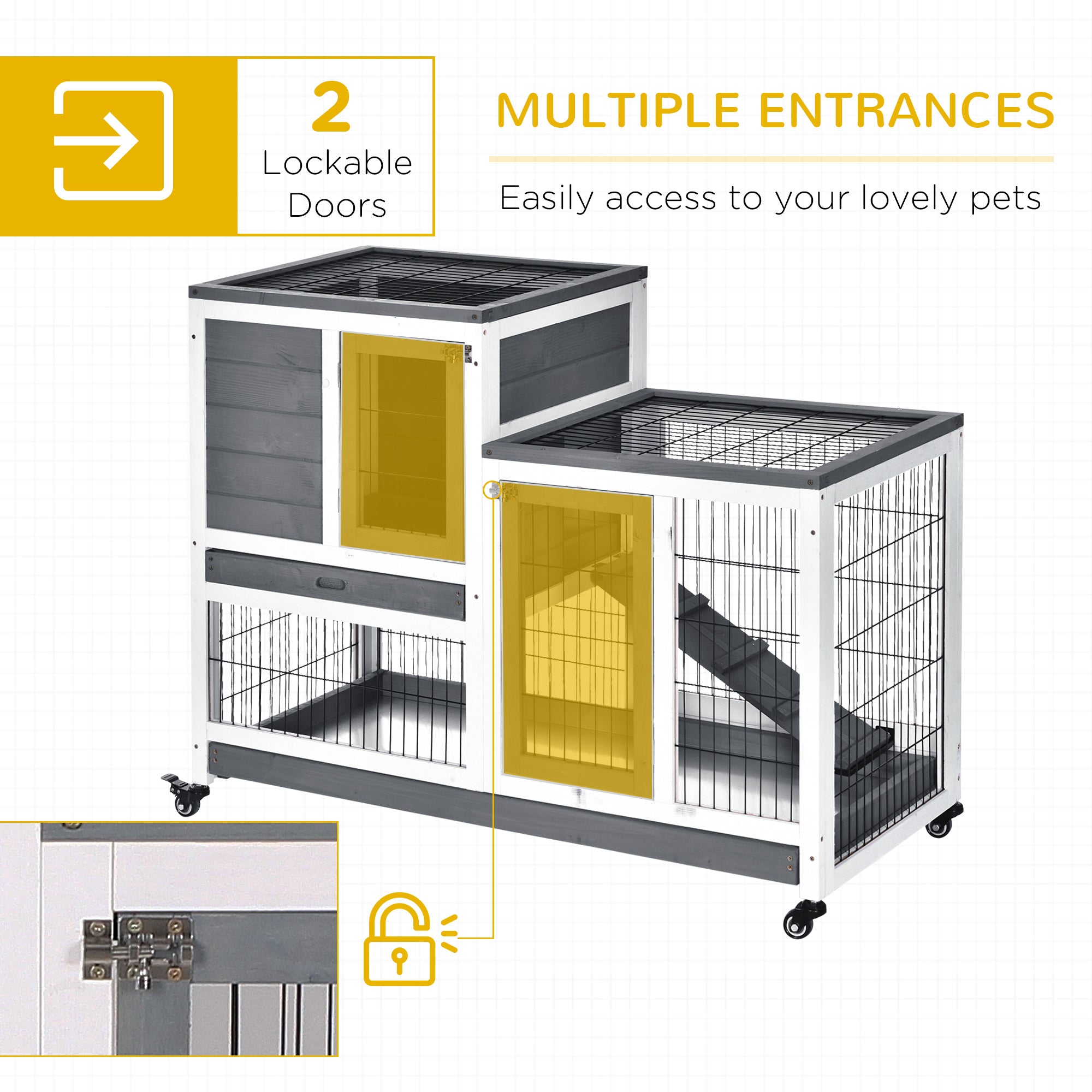 Wooden Rabbit Hutch Elevated Bunny Cage Indoor Small Animal Habitat with Enclosed Run with Wheels, Ramp, Removable Tray for Rabbits, Chickens, Ducks, Guinea Pigs, Gray