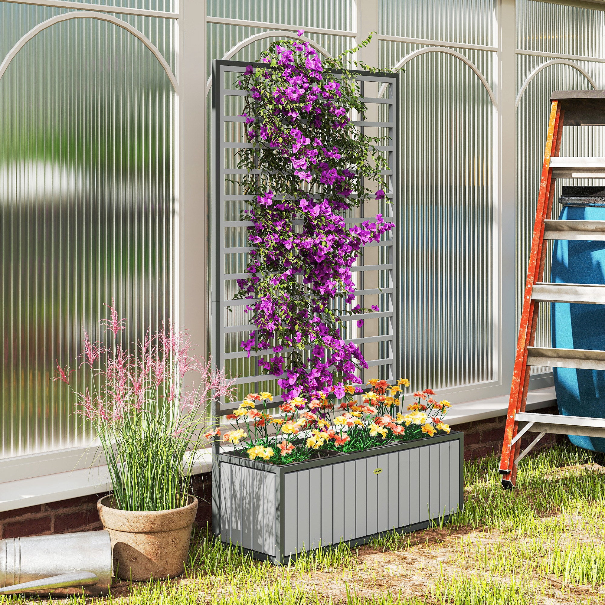 Wooden Raised Garden Bed with Trellis, Removable Pots, for Backyard, Patio, Balcony, 29" x 11" x 52", Gray