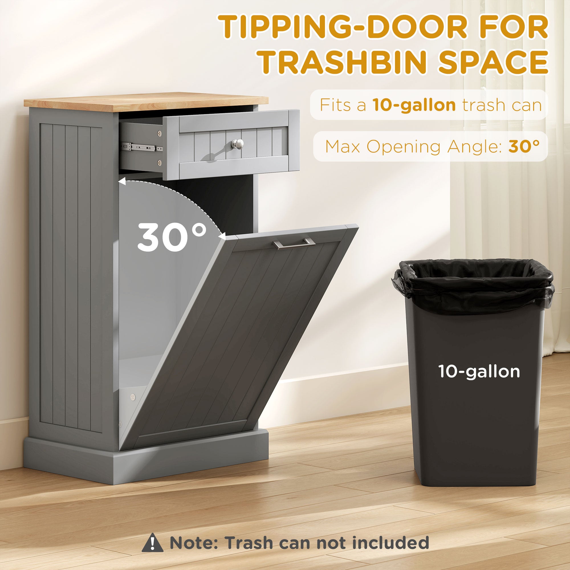 10 Gallon Tilt Out Trash Cabinet, Wooden Hidden Trash Can with Storage Drawer for Kitchen, Laundry Hamper Cabinet for Bathroom, Gray