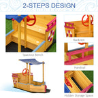 Kids Wooden Sandbox, w/ Canopy Bench Seat Storage Space, Aged 3-8 Years Old