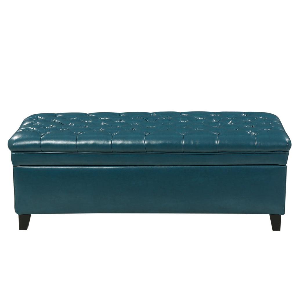 Storage Ottoman with Birch Legs, Faux Leather Tufted, 50" L x 20.5" W x 18.25" H, Spot Clean, Teal
