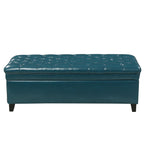 Storage Ottoman with Birch Legs, Faux Leather Tufted, 50" L x 20.5" W x 18.25" H, Spot Clean, Teal