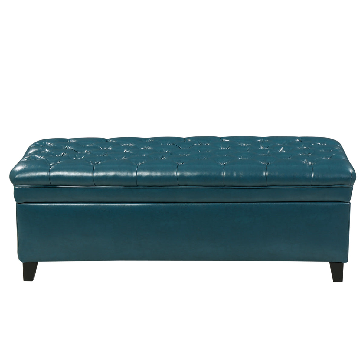 Storage Ottoman with Birch Legs, Faux Leather Tufted, 50" L x 20.5" W x 18.25" H, Spot Clean, Teal