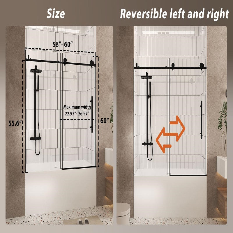 Frameless Sliding Shower Door with Smooth Quiet Stainless Steel Rollers & Round Tracks, Panel for Bathroom, 60" L x 0.5" W x 60" H, Matte Black