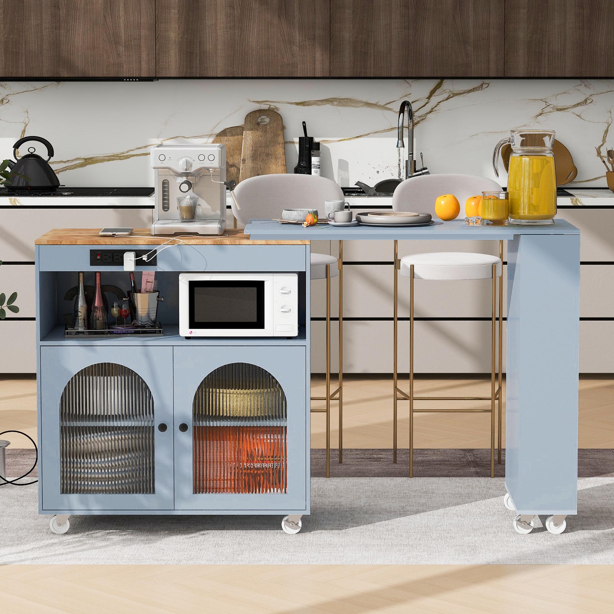 Extended LED Kitchen Island with Power Outlets, Adjustable Shelves, Central Island with Fluted Glass Doors, 56.5" L x 33" W x 38" H, Slate Blue