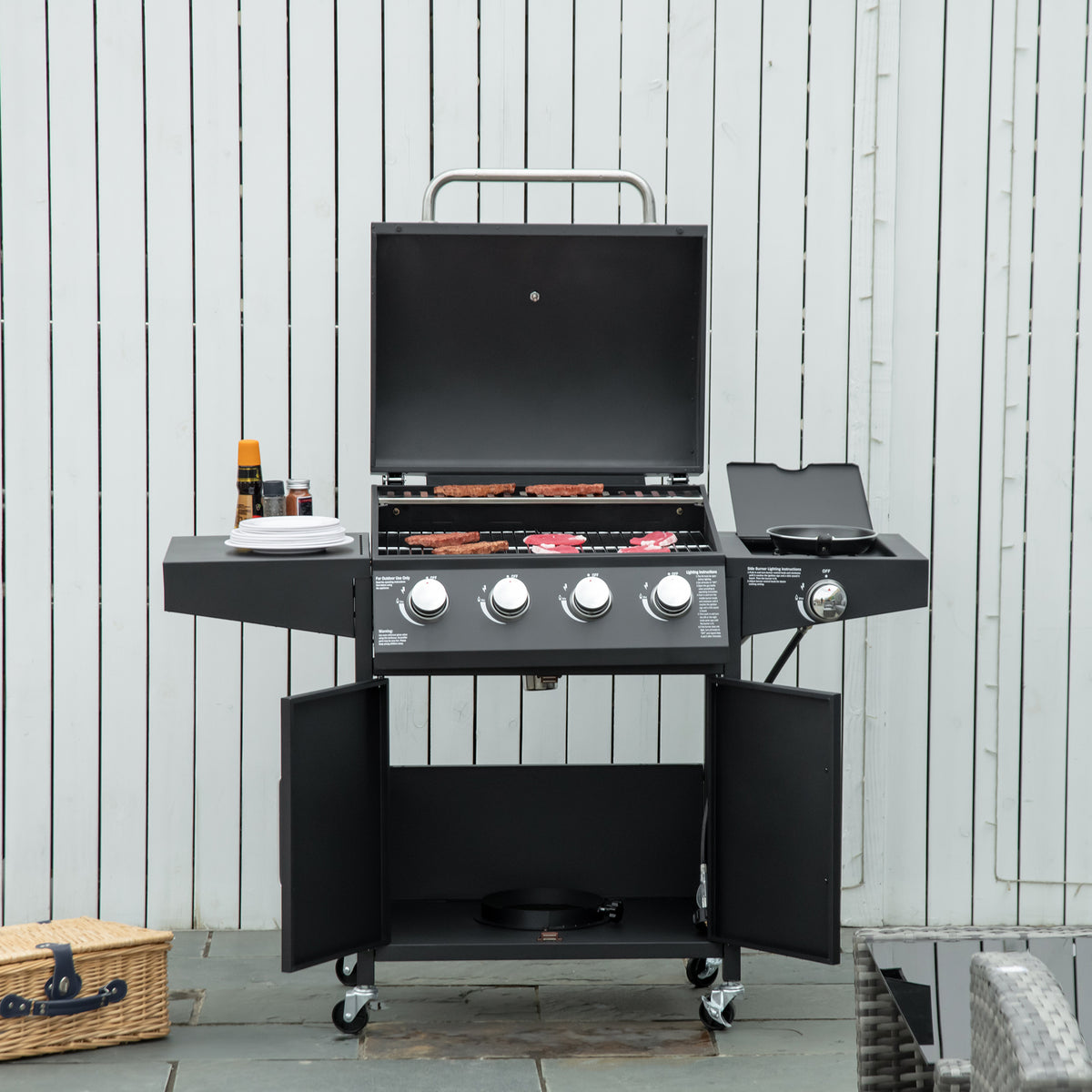 52" Barbecue Grill with Wheels 4+1 Burner Liquid Propane Gas Grill Outdoor Cabinet Style BBQ Trolley w/ Side Burner, Warming Rack