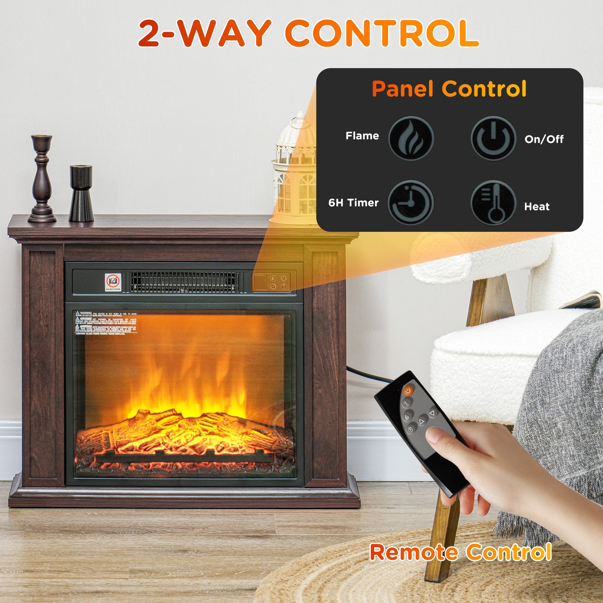 26" Freestanding Electric Fireplace with Mantel, 1400W Replaceable Fireplace Insert Heater with 3D Flame Effect, Brown