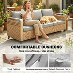 Rattan Wicker Sofa 3-Seater Outdoor Patio Sofa with Cushions for Garden Backyard Porch Gray